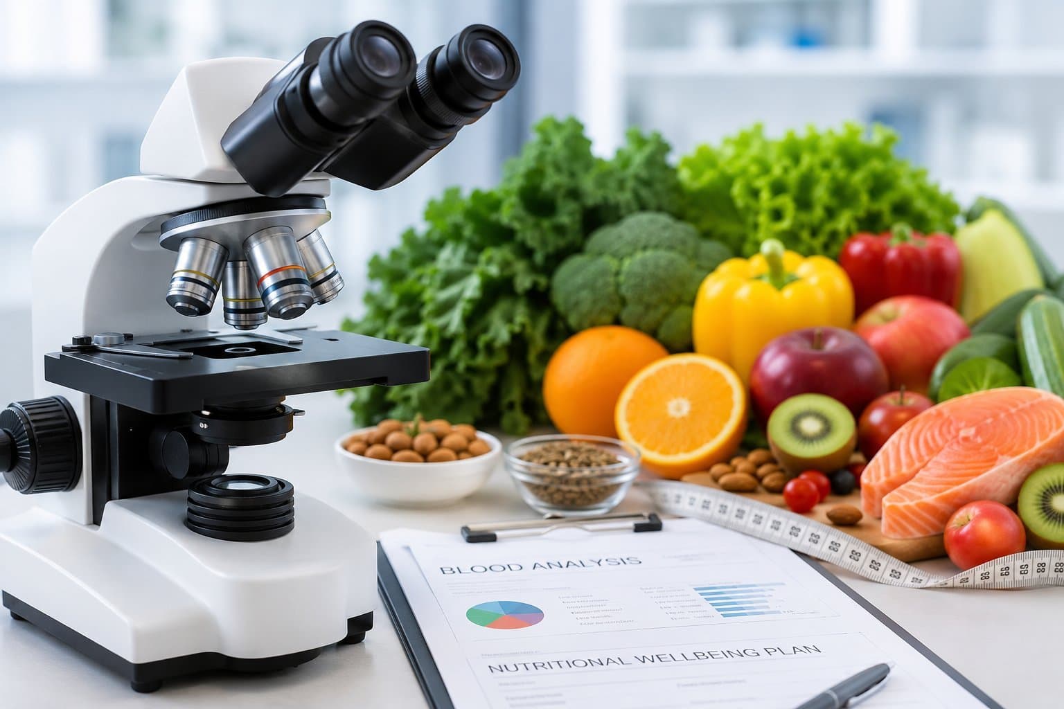 Microscope beside a blood analysis report and fresh, colourful whole foods